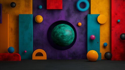 Poster - Geometric shapes hovering near turquoise planet, casting shadows on textured dark surface, presenting futuristic surreal landscape design