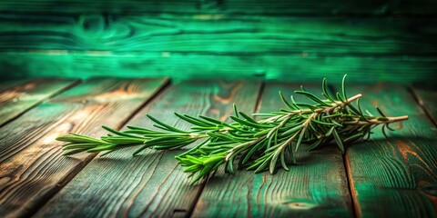 Wall Mural - Emerald green gradient background with a sprig of fresh rosemary and a few leaves falling onto a rustic wooden table, herb