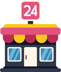 Poster - Convenience store facade with awning and 24 hours open signboard, flat vector illustration isolated on white background