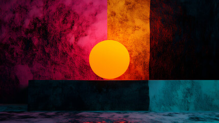 Poster - Luminous orange orb casting warm light across textured grunge wall, highlighting industrial pedestal in shadowy interior with moody, surreal ambiance