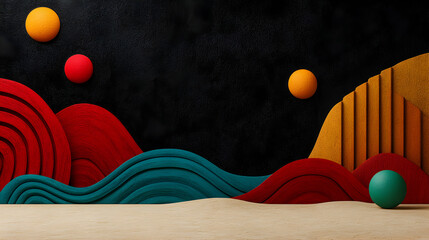 Poster - Wooden geometric forms and spheres mimicking celestial bodies casting vibrant shadows against dark backdrop, suggesting cosmic landscape with minimalist artistic interpretation