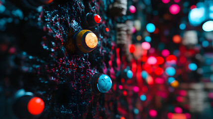 Poster - Luminous multicolored spheres rising from textured dark surface, generating dramatic contrast against soft blurred background with ethereal bokeh glow