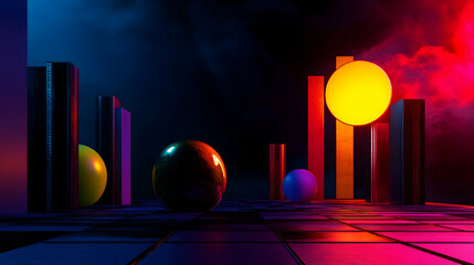Poster - Neon illuminated spheres and geometric blocks casting colorful shadows on checkered surface, generating futuristic digital landscape with vibrant depth