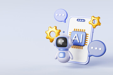 Fototapete - Chatbot technology 3d banner. Mobile phone with ai chip icon on screen, robot, speech bubble, gears render. Online chat bot service with artificial intelligence GPT, support assistant. 3D illustration