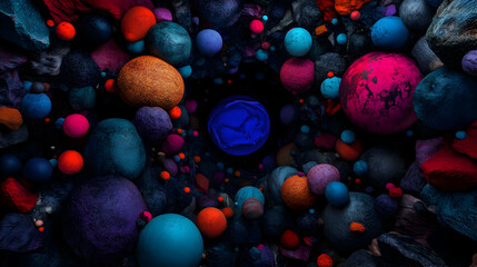 Poster - Vibrant pebbles encircling luminous blue sphere nestled within dark rocky cavity, highlighting ethereal abstract composition with striking color contrast