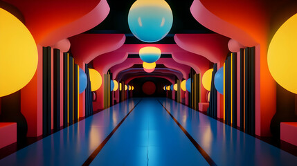 Poster - Futuristic tunnel with a shiny blue floor and pink and black walls is illuminated by big colorful spherical lights in an abstract architectural visualization