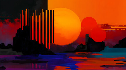 Poster - Synthwave inspired artwork featuring a vibrant sunset with geometric shapes, reflecting on water, creating a futuristic and retro atmosphere