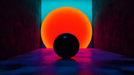 Poster - Metallic black sphere sitting on glossy surface, framed by neon lit concrete corridor with bold orange circle casting dramatic shadows and stark geometric contrast