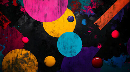 Poster - Vibrant paint splatters scattering colorful textured circles and spheres across dark grungy surface, presenting dynamic abstract artistic composition