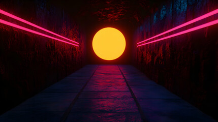 Poster - Pink neon lit tunnel stretching toward bright yellow glow, revealing mysterious pathway with sleek, futuristic aesthetic and surreal lighting effect
