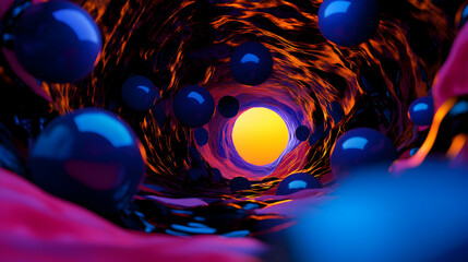 Fototapete - Vibrant yellow illumination highlighting organic tunnel with textured walls, glossy blue spheres floating through surreal, mesmerizing digital landscape