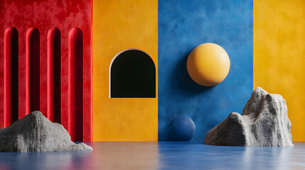 Poster - Vivid yellow, blue, red architectural space featuring geometric arches, floating rocky spheres creating surreal contemporary interior design scene with abstract spatial elements