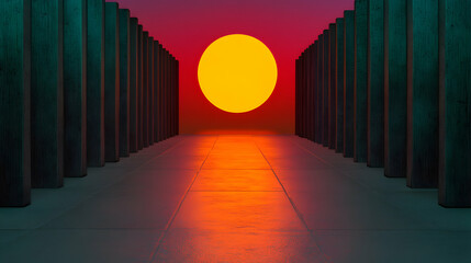 Poster - Concrete corridor with dark columns leading towards setting sun, painting dramatic red orange sky with enigmatic architectural perspective