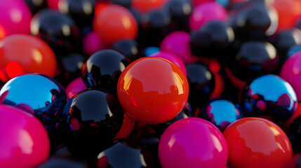 Poster - Glossy color spheres clustering tightly, vibrant red orb commanding visual attention, dramatic geometric arrangement highlighting colorful glass like surfaces