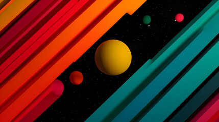 Poster - Warm and cool diagonal stripes framing celestial landscape, highlighting planetary arrangement with vibrant color contrast against starry background