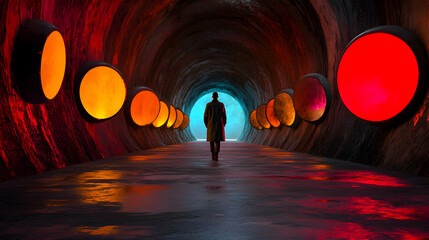 Poster - Man walking through dark tunnel, colorful round lights illuminating walls, blue glow at far end, generating mysterious futuristic ambiance suggesting journey and potential