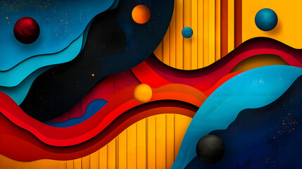 Poster - Colorful paper cut planets are floating in abstract space with wavy shapes and vertical stripes, creating a vibrant and dynamic composition