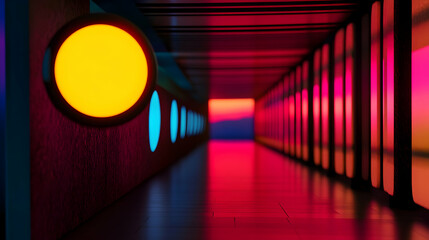 Poster - Futuristic corridor featuring colorful illumination, large yellow circle casting reflections on glossy floor, creating vibrant contemporary interior design environment