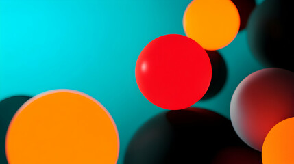 Poster - Vibrant multicolored spheres creating shadowy patterns across turquoise surface, representing contemporary geometric abstract visual design concept