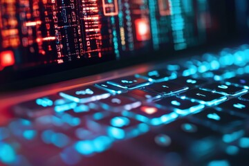 Poster - cyberattack laptop keyboard, data breach, night, security risk