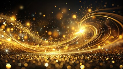 Wall Mural - Glittering metallic swirls in golden hue scattered on a dark background, creating a mesmerizing visual effect