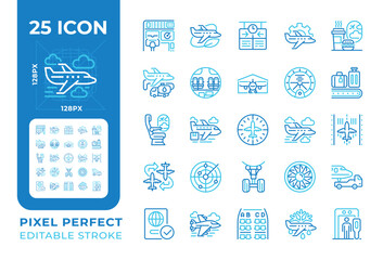 Poster - aviation two color line icons set. air travel. aviation technology. travel services. airport operati