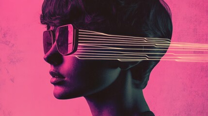 Poster - Young Woman Wearing Sunglasses with Digital Lines