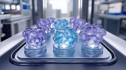 Poster - Microscopic view of vibrant purple and blue cells or molecules in a sterile laboratory setting, suggestive of cutting-edge scientific research and technological advancements in medicine and healthcare