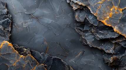 Poster - Dramatic and moody abstract background with heavily textured cracked and weathered grunge surfaces in a mix of dark black grey and warm orange tones  Resembles a rocky mineral rich