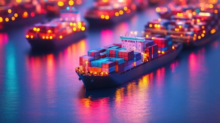 Poster - Container Ship Illuminated at Night in Harbor