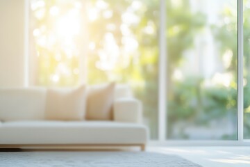 Sunny living room, blurred sofa, garden view, home decor