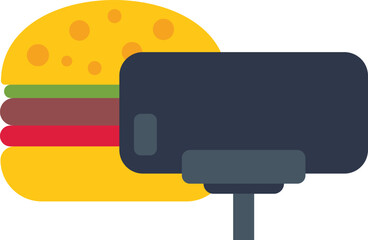 Wall Mural - Minimalist illustration featuring a smartphone taking a photo of a delicious burger, representing food photography and social media trends