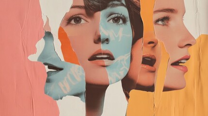 Poster - Abstract Collage of Female Faces with Textured Background