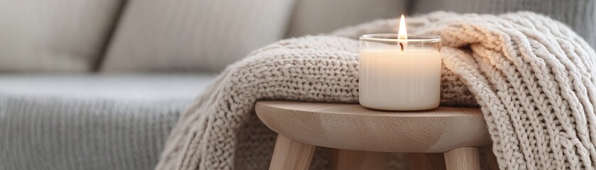 Poster - A lit candle sits gracefully on a small wooden table, accompanied by a folded knitted blanket in muted gray. This cozy setting exudes warmth against a soft neutral backdrop