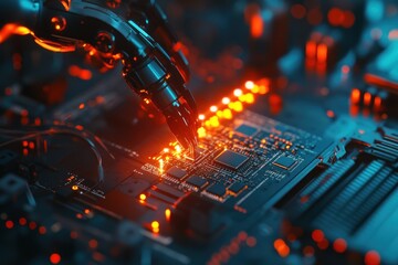 Poster - Robotic hand assembling circuit board in futuristic lab
