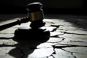 Poster - A blurred gavel resting on a cracked stone floor, with sharp lighting casting long shadows. The darkened area above offers space for a quote on law's fragility or strength. 