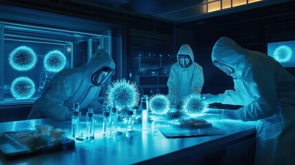 Poster - Scientists in protective suits research viruses in a laboratory