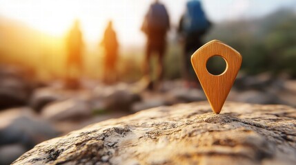 Fototapete - Icon Pin Location Navigation A group of hikers consulting a map with a prominent pin icon, teamwork concept, outdoor adventure, natural setting.