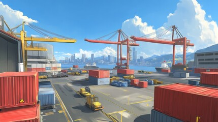 Poster - Busy Harbor Cranes Lift Shipping Containers Against City Skyline
