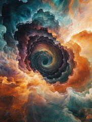 Poster - abstract swirling cloud tunnel with vibrant teal and orange hues.