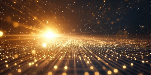 Poster - abstract golden light trails and sparkling particles on a dark background.