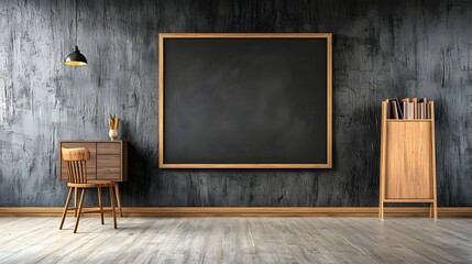 Poster - Empty blackboard hanging on a gray wooden wall in a minimalist cozy classroom or office interior  The space features a wooden table chair and lamp