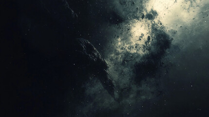 Wall Mural - a vast dark cosmic cloud formation with scattered stars and a glowing mysterious light creating an e