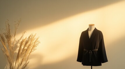 Elegant black garment displayed on mannequin, illuminated by sof