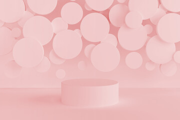 Poster - Light pink abstract stage - round podium, mockup, flying circles decor. Template 3D illustration scene in modern airy style for presentation cosmetic products, branding, goods, advertising, sale.