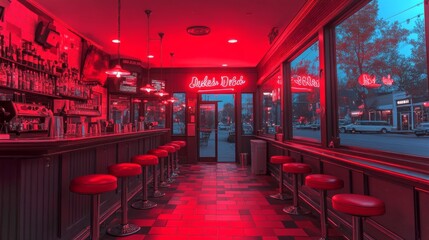 Aufkleber - Bright neon lights illuminate the stylish bar interior, featuring red stools and a well-stocked counter. The urban setting comes alive as night falls, creating a vibrant ambiance.