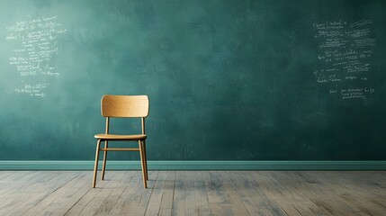Poster - Minimalist empty room with a simple wooden chair against a green wall creating a serene and contemplative atmosphere  This image evokes a sense of calm focus
