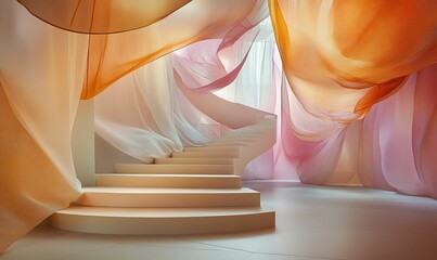 Wall Mural - Stairway surrounded by flowing fabric, warm color tones.