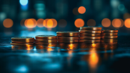 Poster - Golden coins stacked in ascending order, symbolizing growth and financial success against a bokeh background