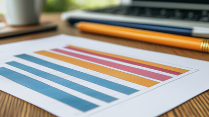 Poster - Close-up view of a bar chart on a desk with a laptop and pens in the background. The chart displays data with colored bars, suggesting a business or financial analysis.